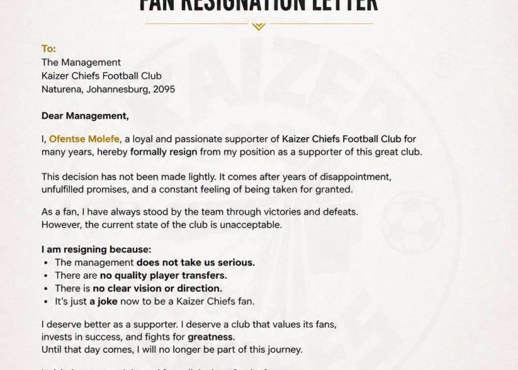 BREAKING: Kaizer Chiefs number one die-hard supporter Ofentse Molefe, has tender…